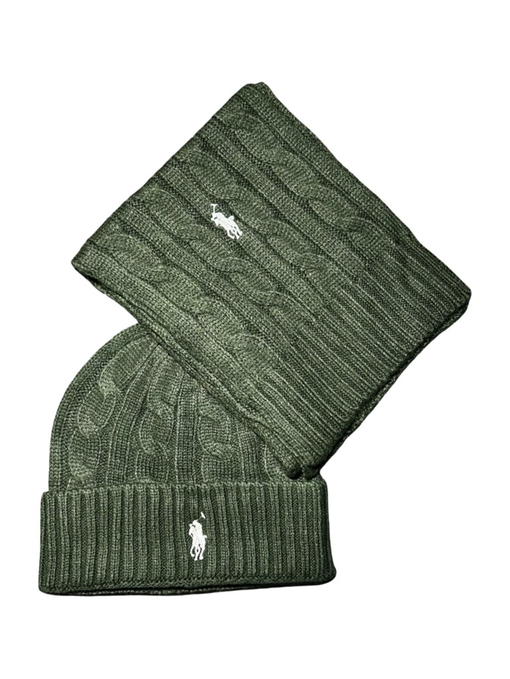 Ralph Lauren Forest Green Cable Knit Beanie & Scarf Set with White Logo